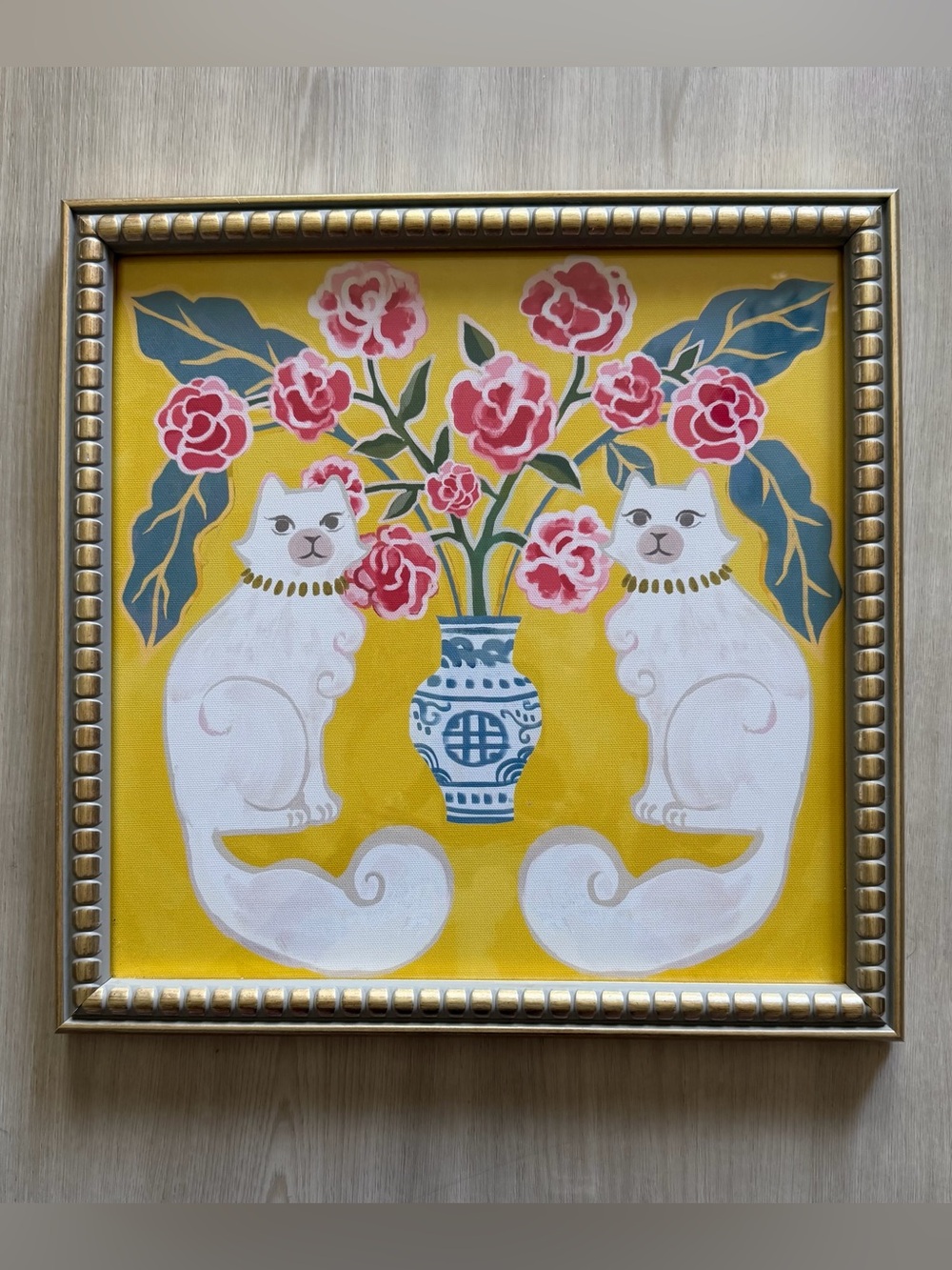 SAPNA SHAH Blue White Chinoiserie Pink Flower Filled Vase Cat Framed